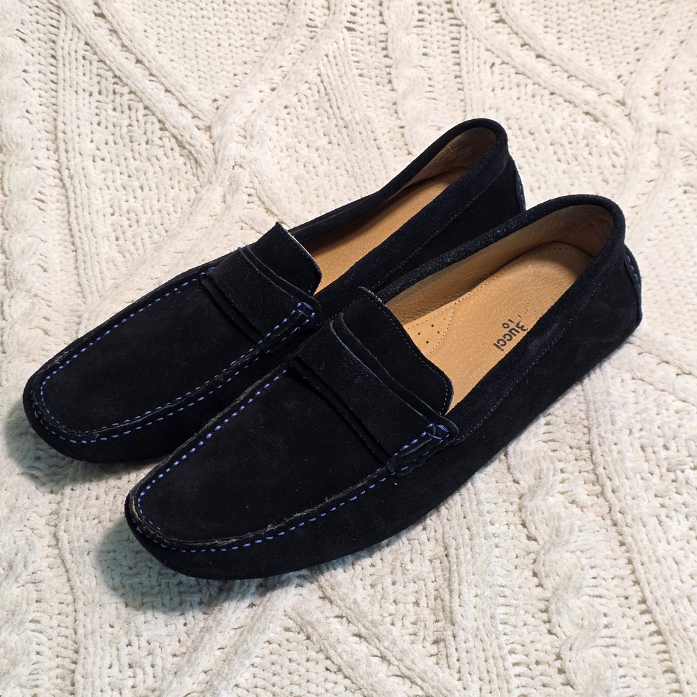 Bacco Bucci Driving Loafers Moccasins Black Suede Leather Blue Stitching Mens 10